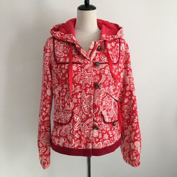 ELEVENSES Anthropologie Textured Red White Floral Polka Dot Lined Hooded Jacket - Picture 5 of 16